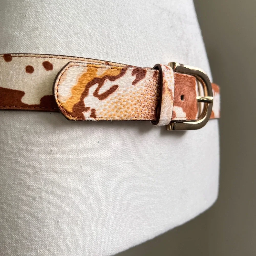 Vintage Cow Print Calf‎ Hair Belt Brown Gold White Patchwork Western Boho Rodeo